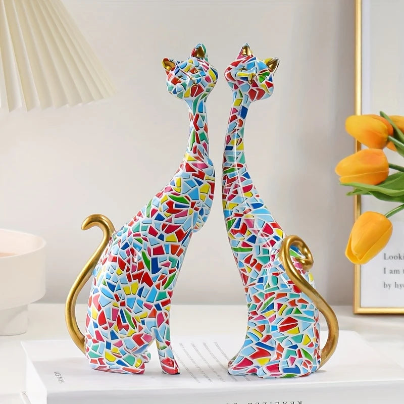 Cat Figurines | Durable Resin & Gold Accents | Set of 2