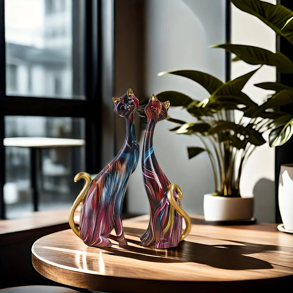 Cat Figurines | Durable Resin & Gold Accents | Set of 2