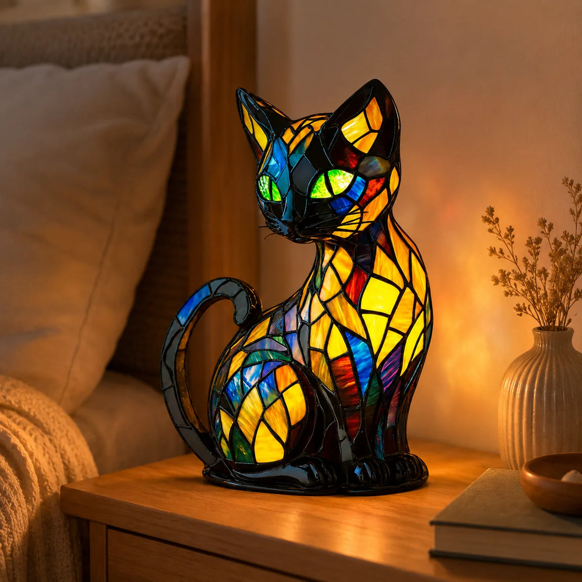 Cat Night Light | Stained Glass & Curved Base | 17 cm