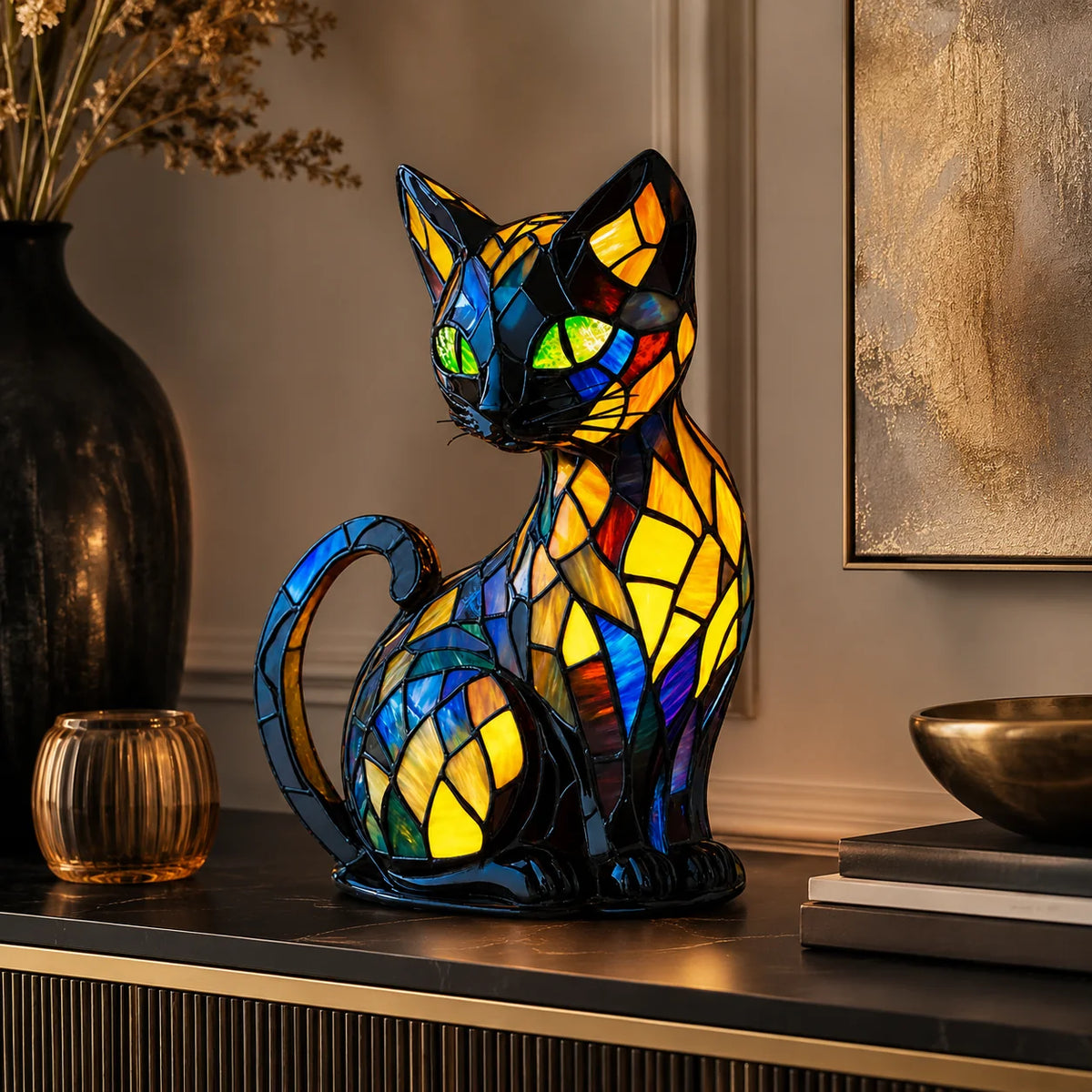 Cat Night Light | Stained Glass & Curved Base | 17 cm