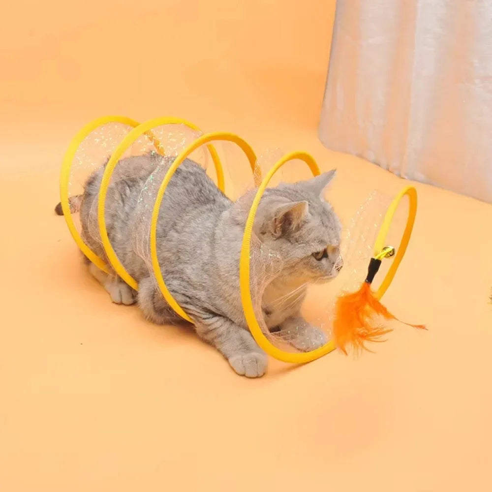 Cat Tunnel | Spring-Loaded Foldable Mesh & Built-In Toys | 50 cm