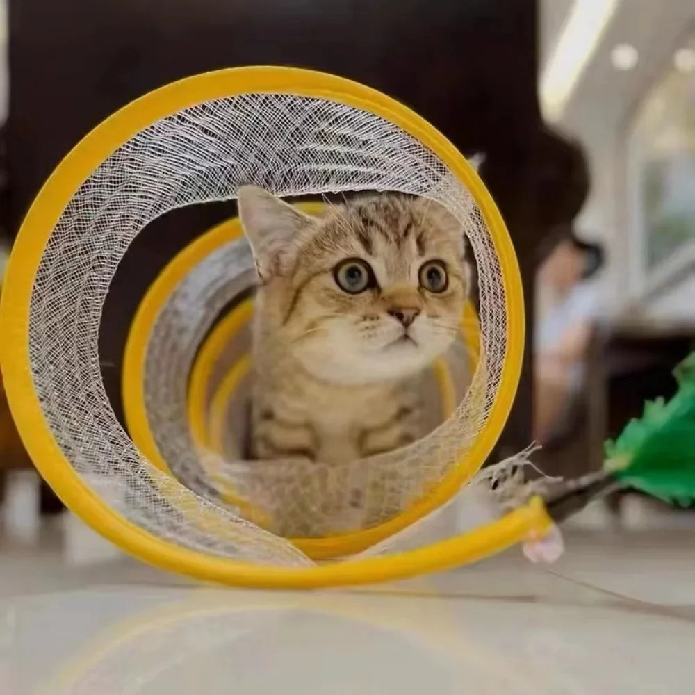 Cat Tunnel | Spring-Loaded Foldable Mesh & Built-In Toys | 50 cm