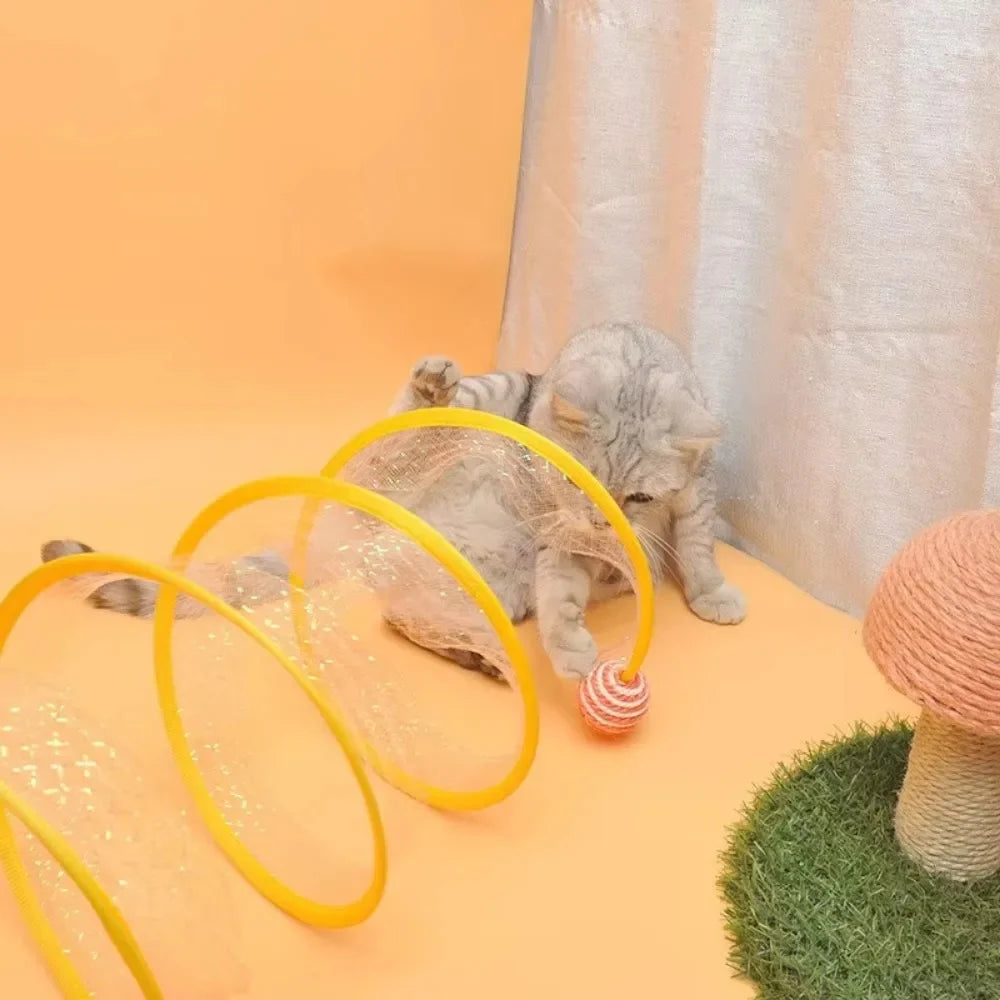 Cat Tunnel | Spring-Loaded Foldable Mesh & Built-In Toys | 50 cm