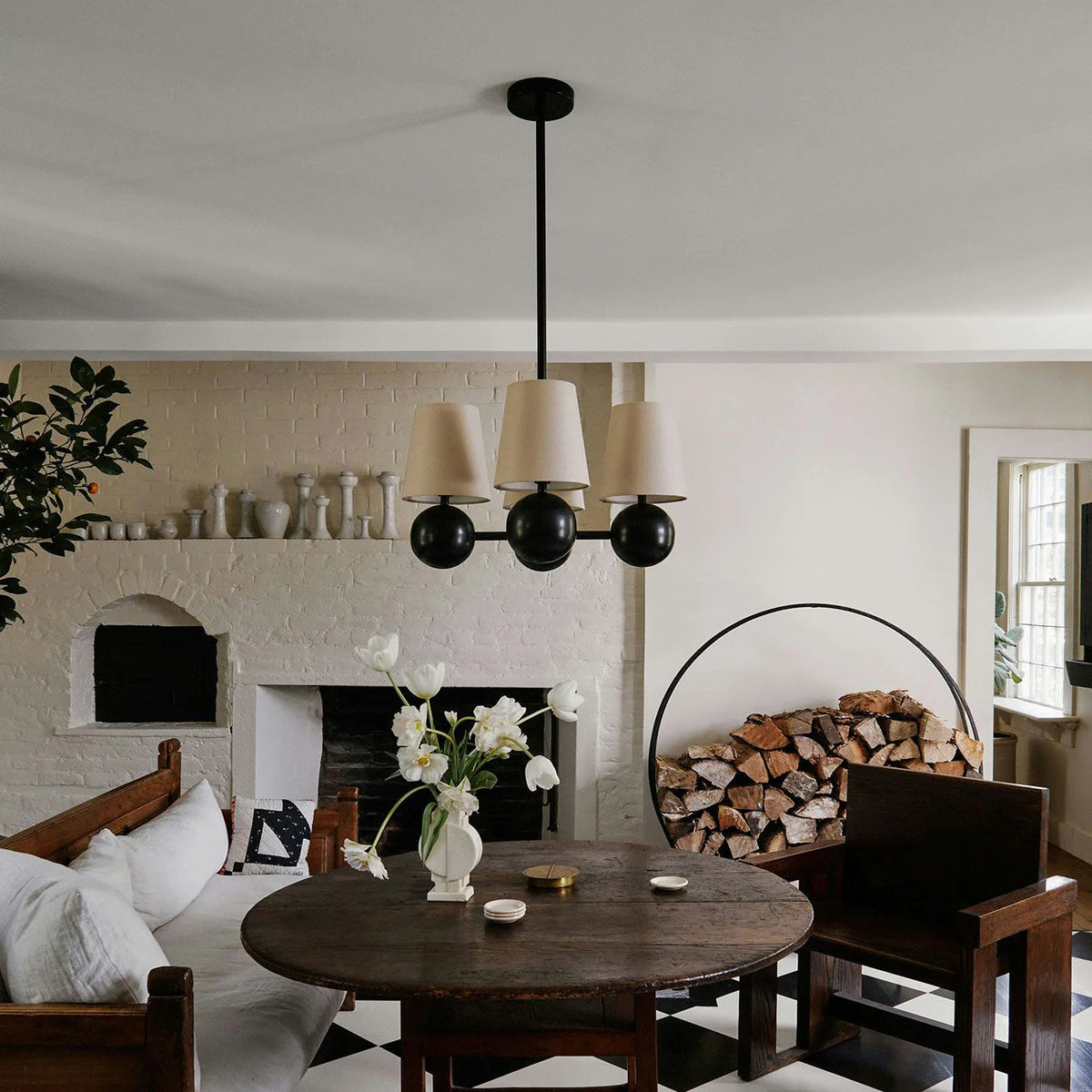 Ceiling Chandelier | Brass Body & Fabric Shades | 4-Arm 46 cm