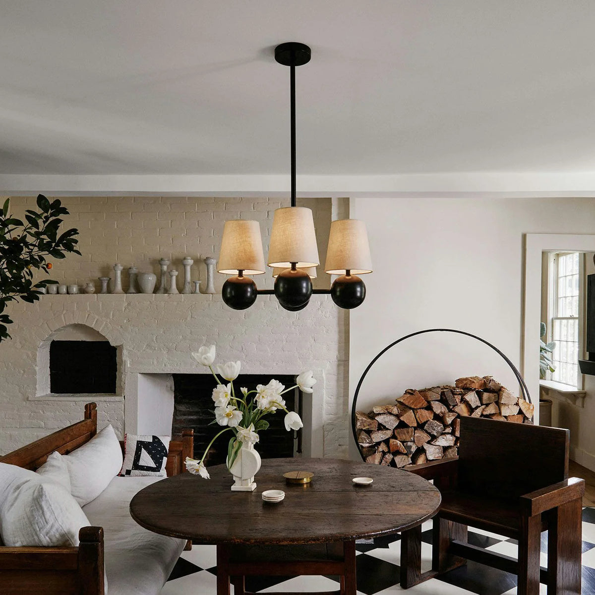 Ceiling Chandelier | Brass Body & Fabric Shades | 4-Arm 46 cm