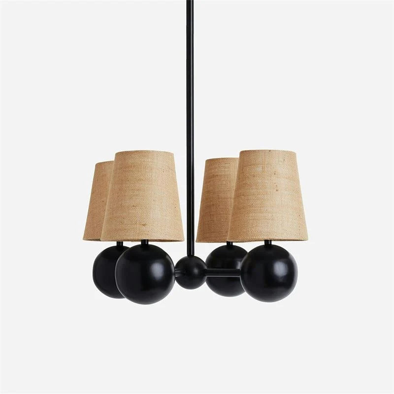 Ceiling Chandelier | Brass Body & Fabric Shades | 4-Arm 46 cm