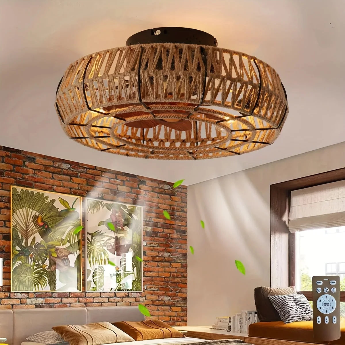 Ceiling Fan | Handwoven Rattan, Ultra-Quiet DC Motor & Remote | 48 cm Diameter
