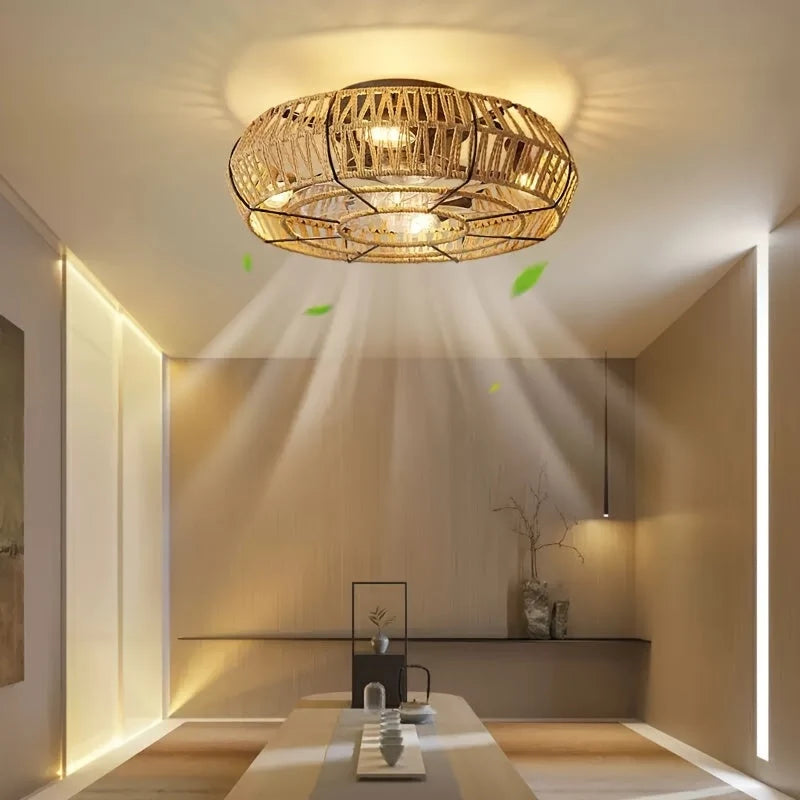 Ceiling Fan | Handwoven Rattan, Ultra-Quiet DC Motor & Remote | 48 cm Diameter