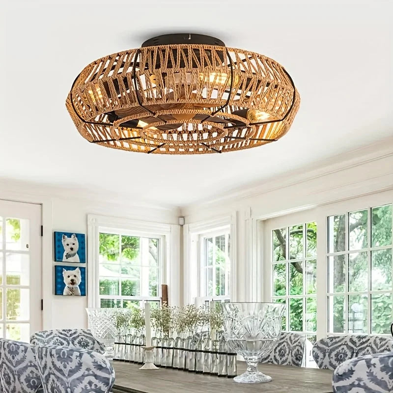 Ceiling Fan | Handwoven Rattan, Ultra-Quiet DC Motor & Remote | 48 cm Diameter