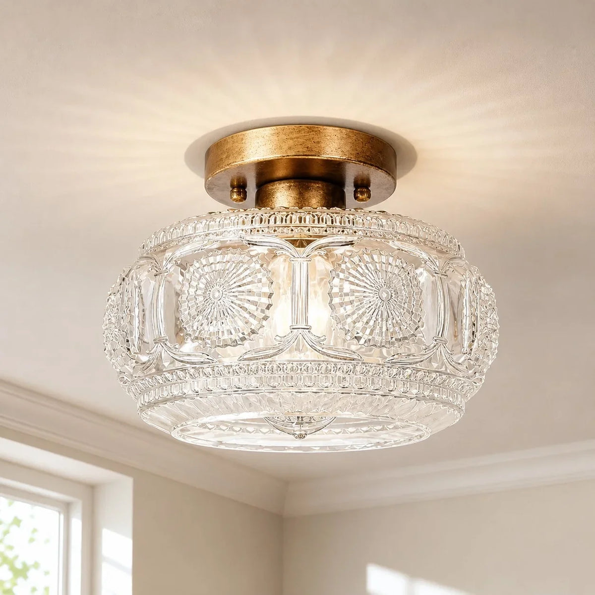 Ceiling Light | Carved Glass & Low-Profile | Flush Mount