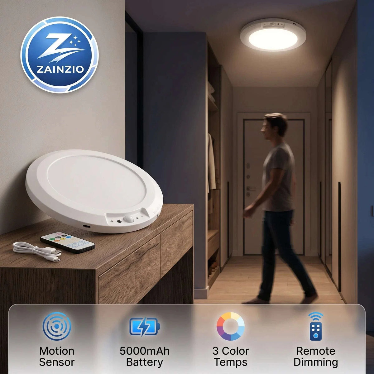 Ceiling Light | Rechargeable Motion-Activated LED | Dimmable & 3 Color Temperatures