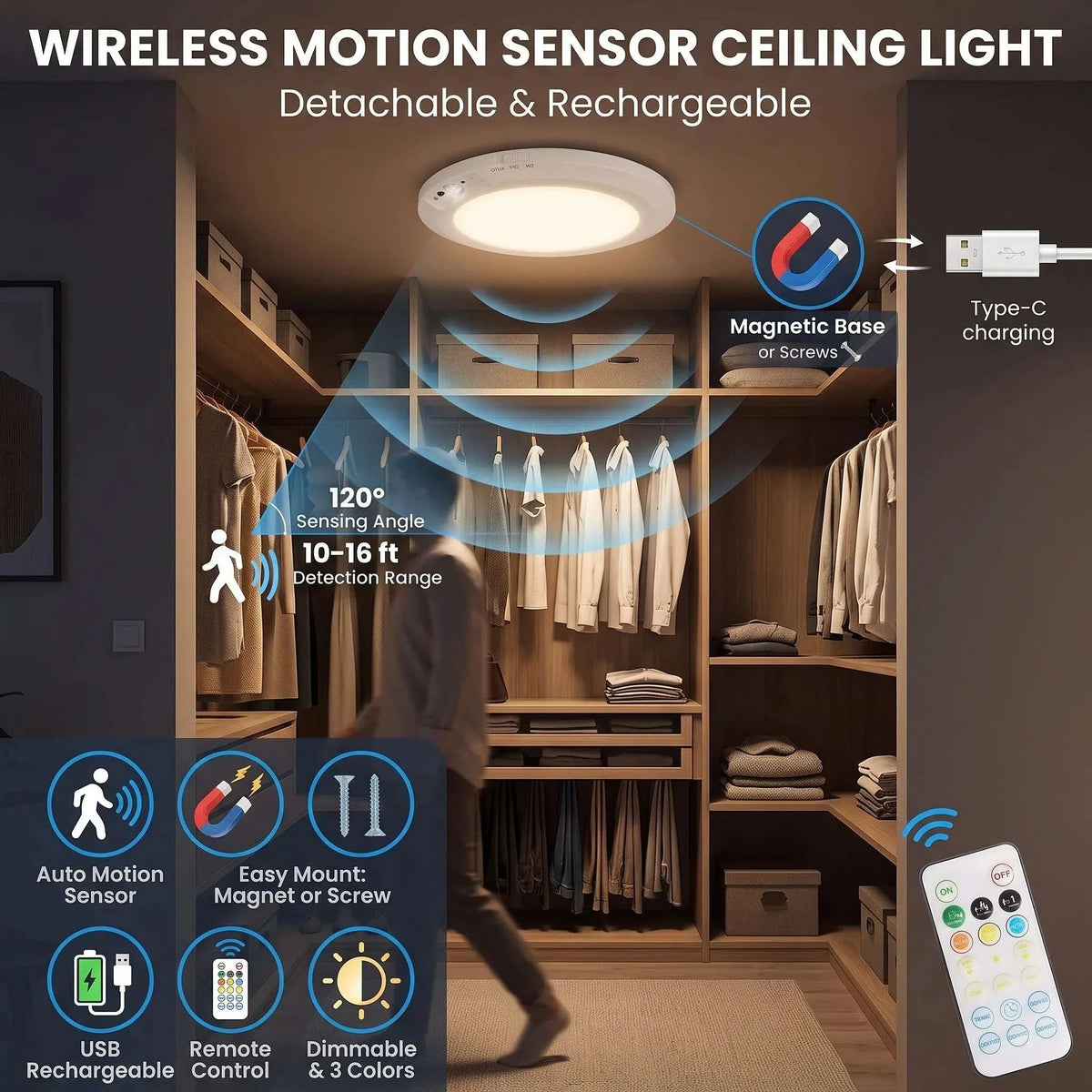 Ceiling Light | Rechargeable Motion-Activated LED | Dimmable & 3 Color Temperatures