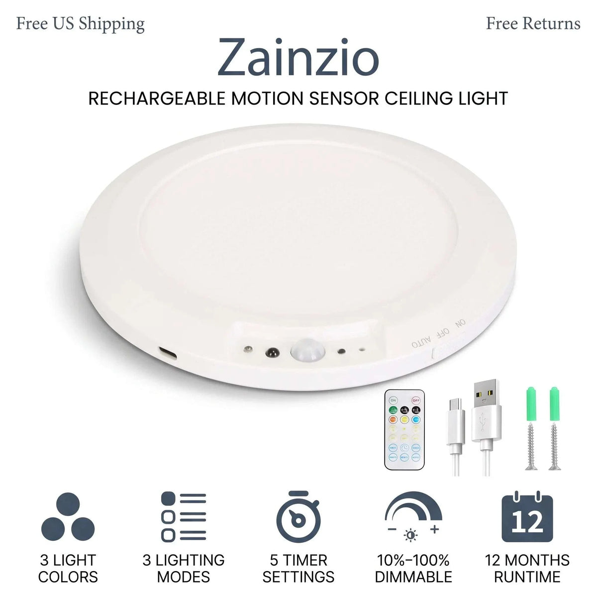 Ceiling Light | Rechargeable Motion-Activated LED | Dimmable & 3 Color Temperatures