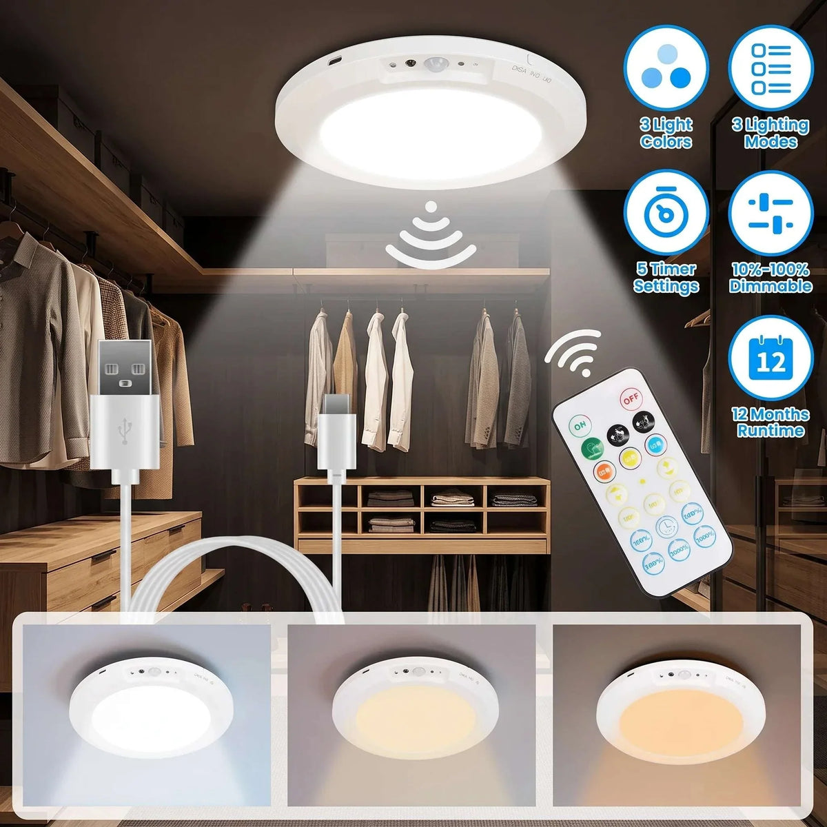 Ceiling Light | Rechargeable Motion-Activated LED | Dimmable & 3 Color Temperatures