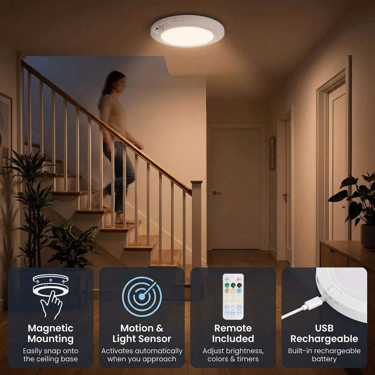Ceiling Light | Rechargeable Motion-Activated LED | Dimmable & 3 Color Temperatures