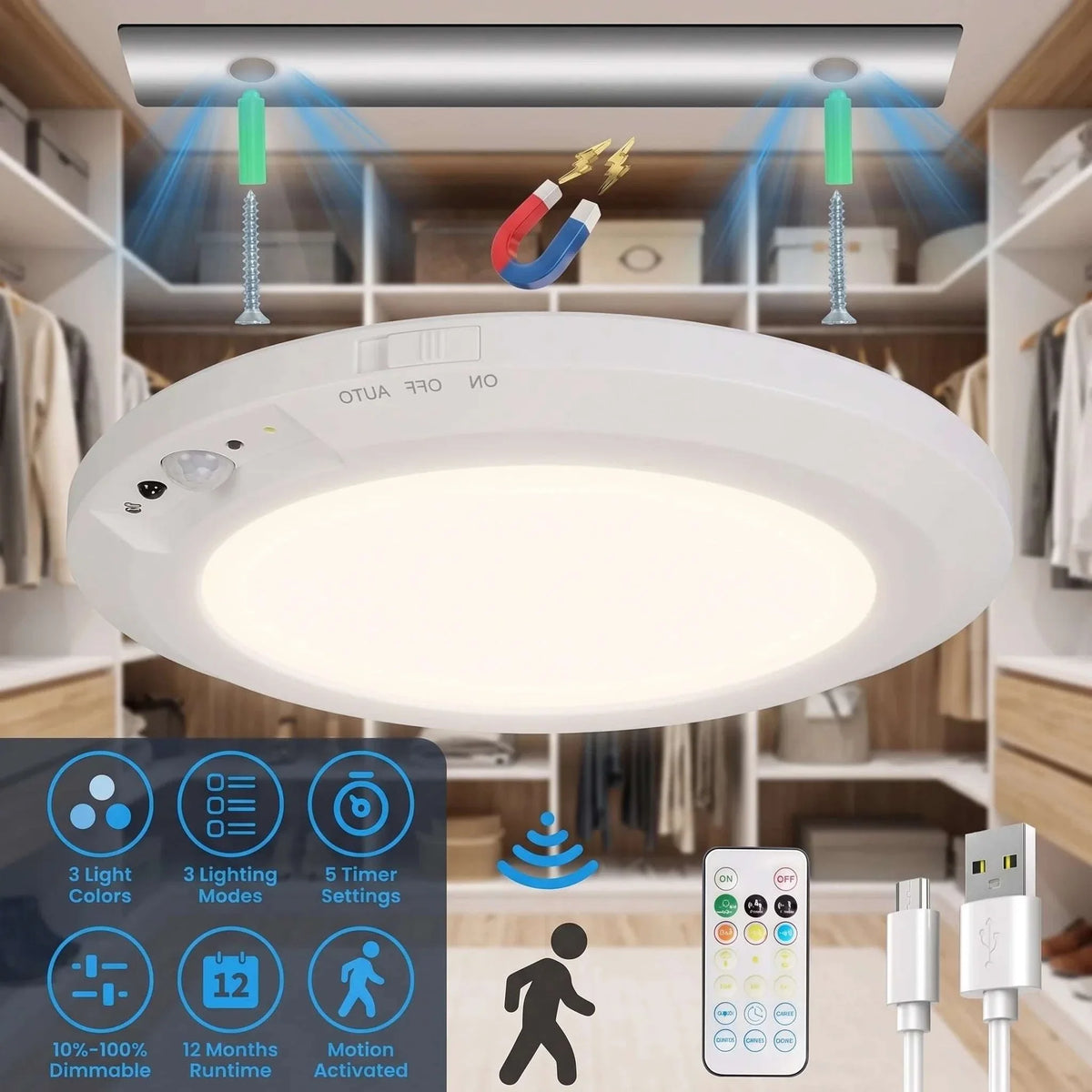 Ceiling Light | Rechargeable Motion-Activated LED | Dimmable & 3 Color Temperatures