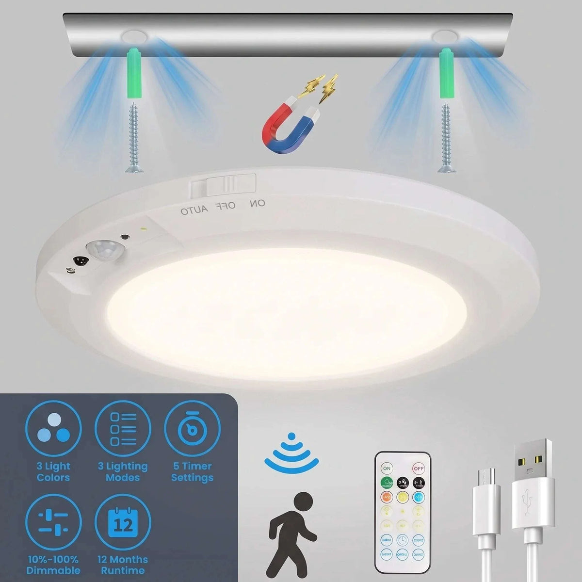 Ceiling Light | Rechargeable Motion-Activated LED | Dimmable & 3 Color Temperatures
