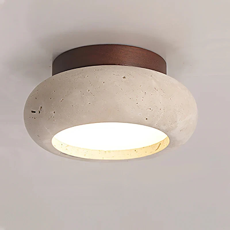 Ceiling Light | Travertine Stone & Wood Base | Integrated LED