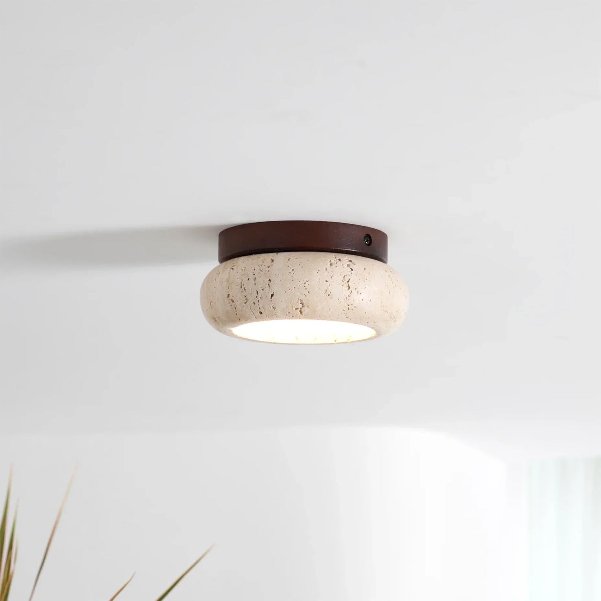 Ceiling Light | Travertine Stone & Wood Base | Integrated LED