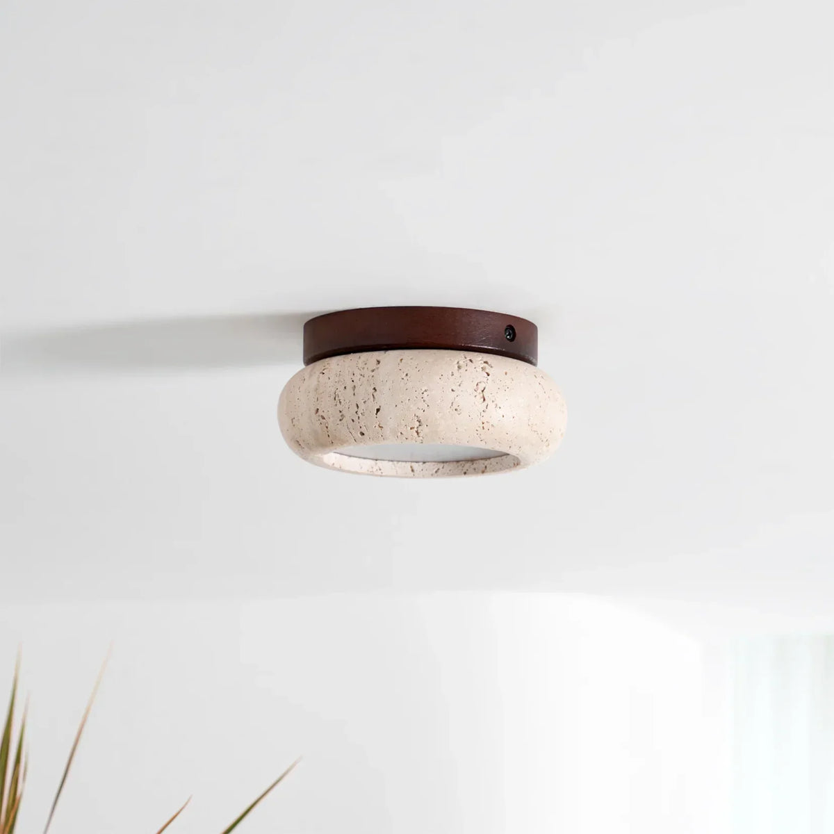 Ceiling Light | Travertine Stone & Wood Base | Integrated LED