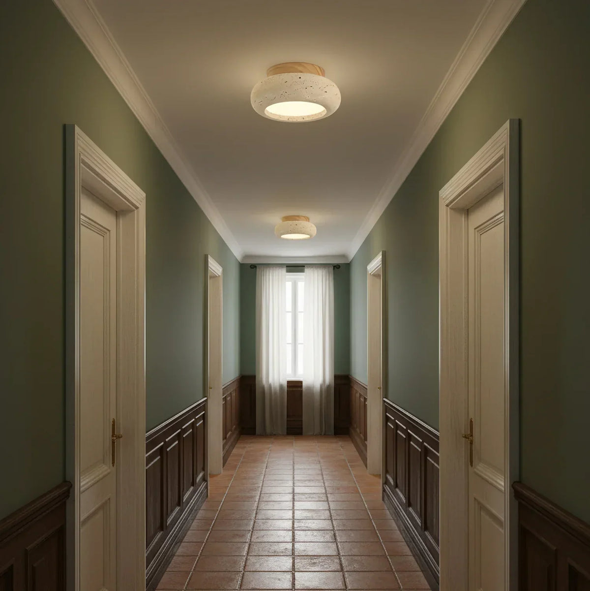 Ceiling Light | Travertine Stone & Wood Base | Integrated LED