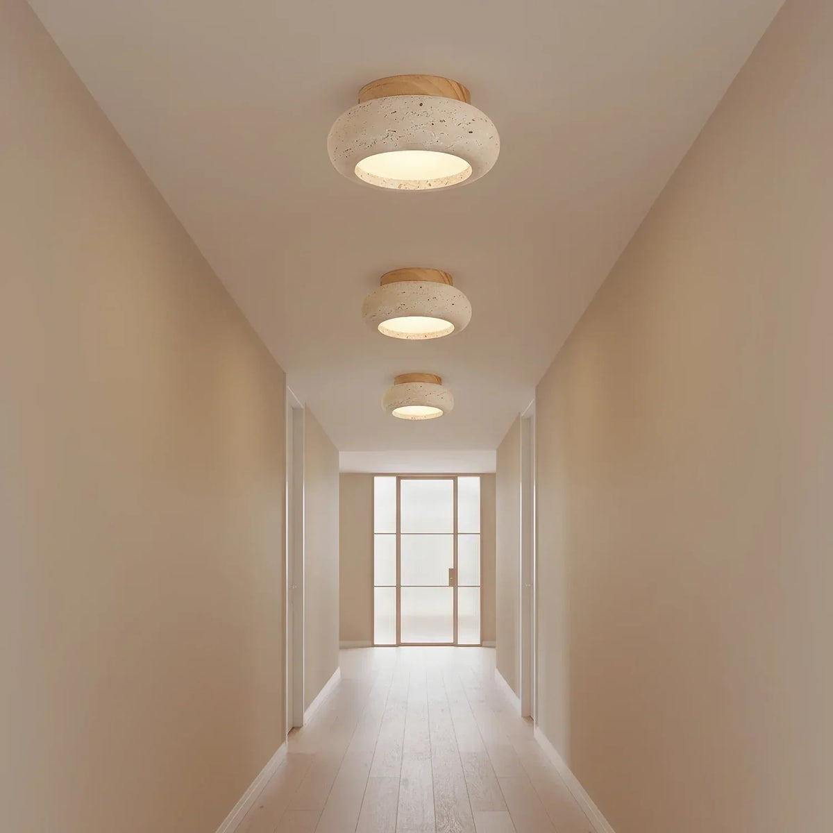 Ceiling Light | Travertine Stone & Wood Base | Integrated LED