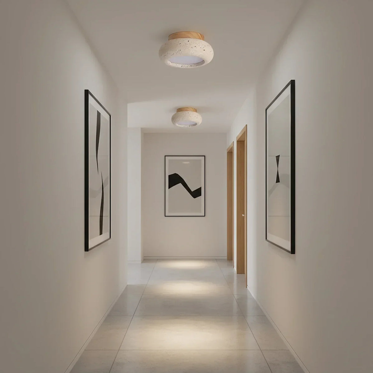 Ceiling Light | Travertine Stone & Wood Base | Integrated LED