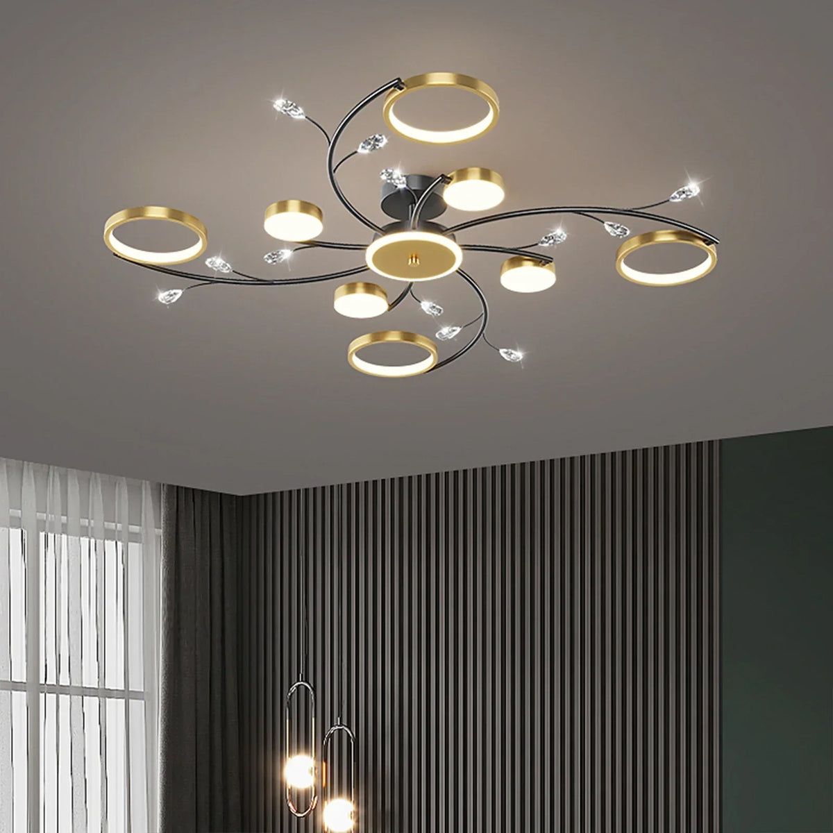 Ceiling Pendant Light | Circular Metal & Acrylic Frame | Stepless Dimming, 8–10 Bulbs