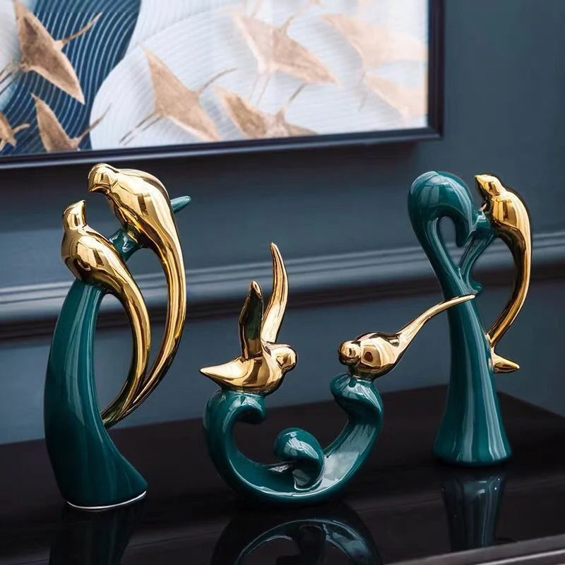 Ceramic Dove Sculpture | Gold-Accented Emerald Base