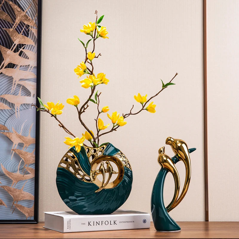 Ceramic Dove Sculpture | Gold-Accented Emerald Base