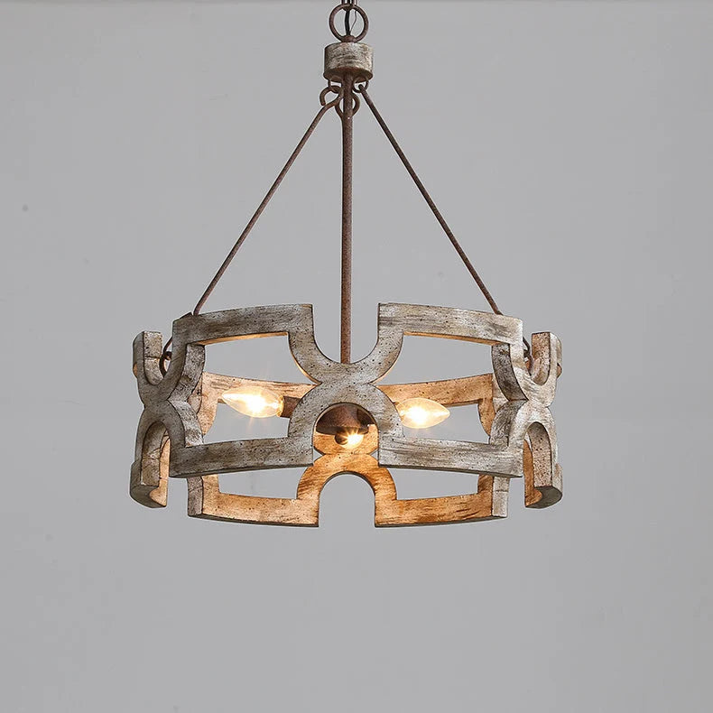 Chandelier | Rustic Aged Wood & Iron Accents | 3-Bulb