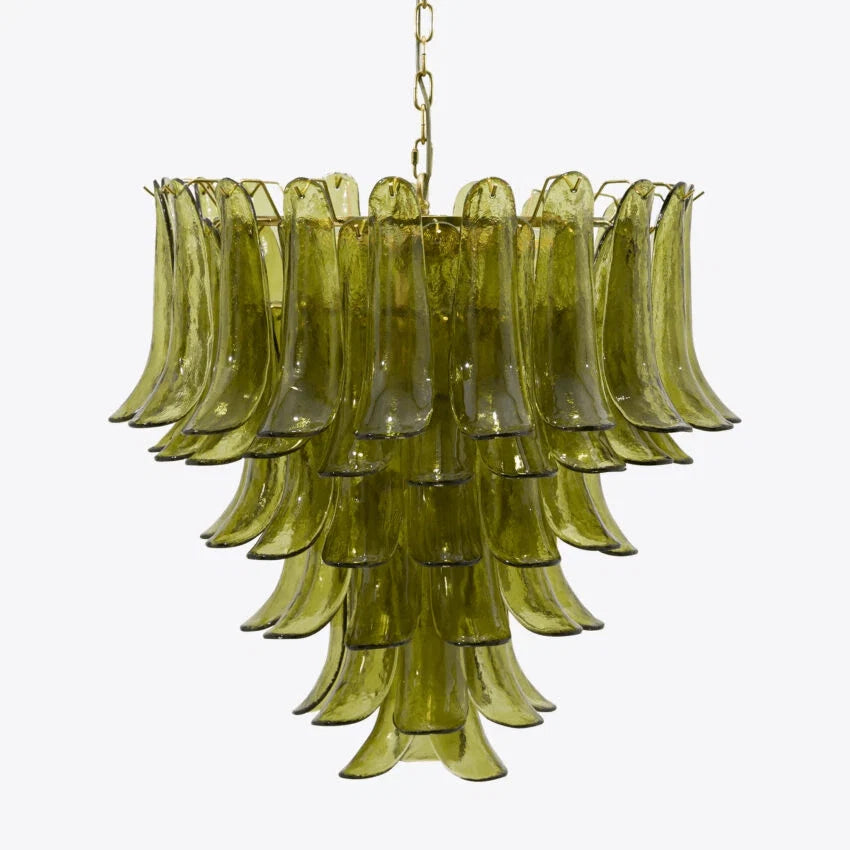 Chandelier | Layered Green Petal Glass | Satin Brass Frame, 80 cm
