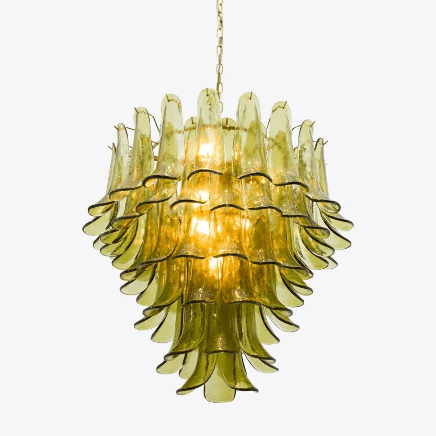 Chandelier | Layered Green Petal Glass | Satin Brass Frame, 80 cm