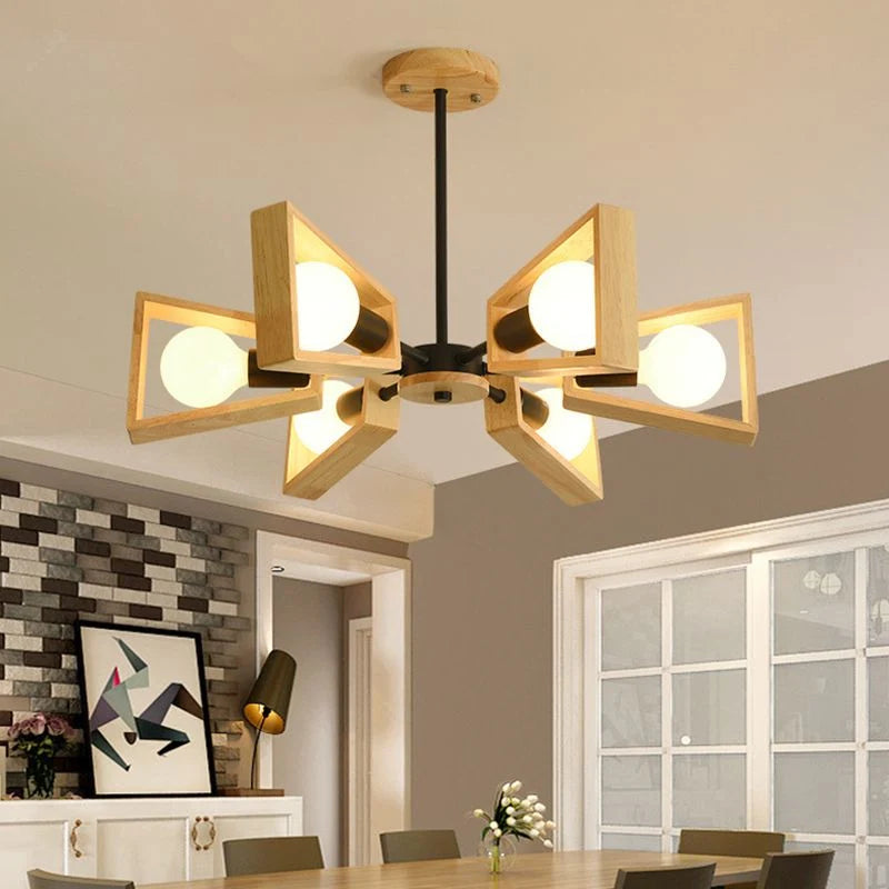 Chandelier | Sputnik Geometric Design | Solid Wood Shades & Metal Frame