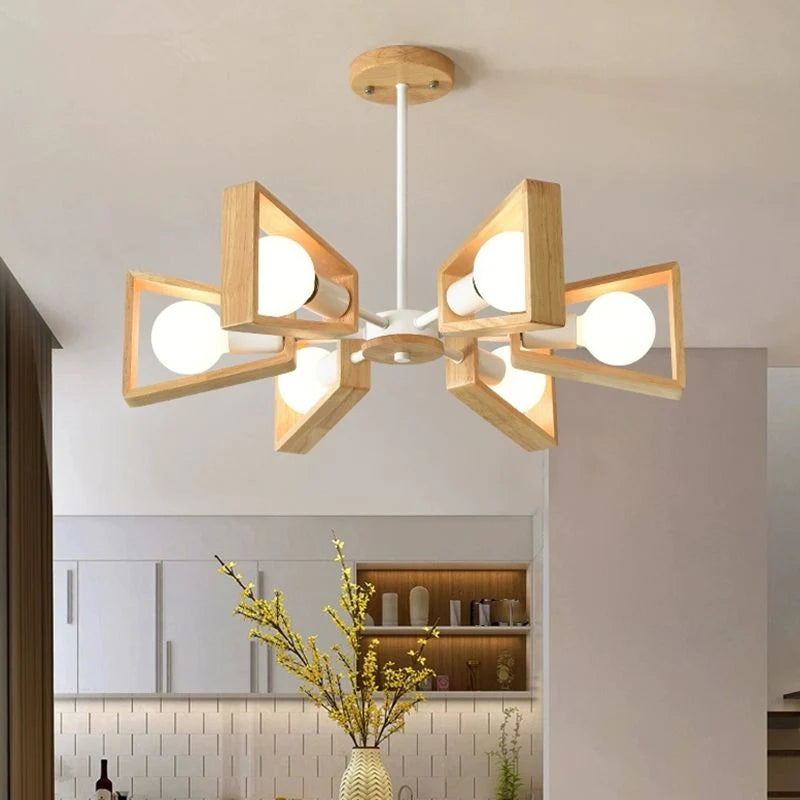 Chandelier | Sputnik Geometric Design | Solid Wood Shades & Metal Frame