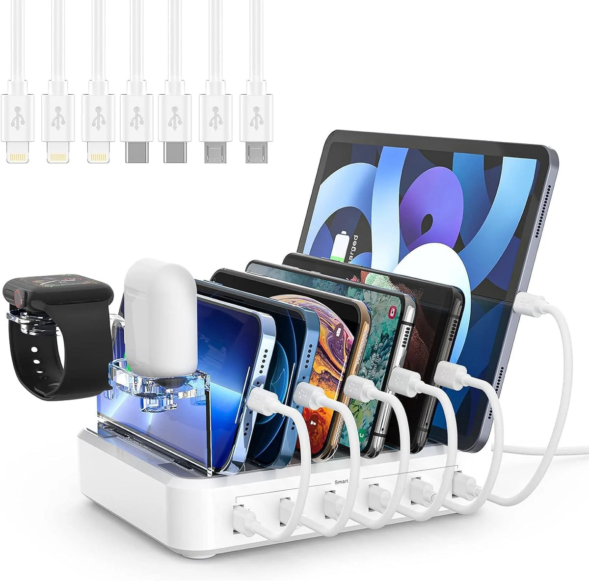 Charging Station | 6-Port Fast Charging & Smart IC | Includes Cables & Holders