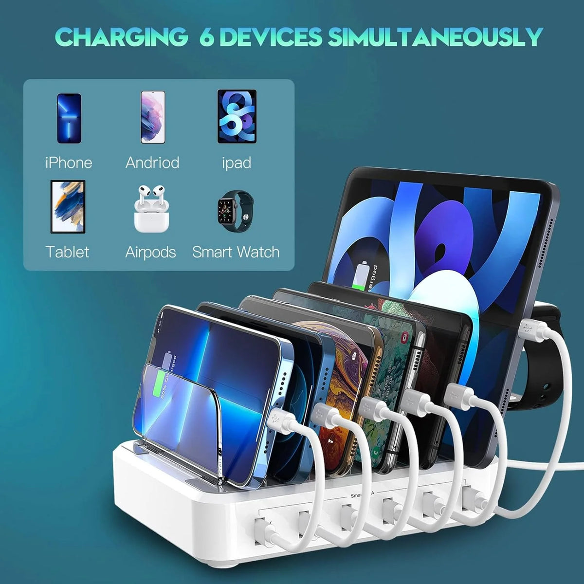 Charging Station | 6-Port Fast Charging & Smart IC | Includes Cables & Holders