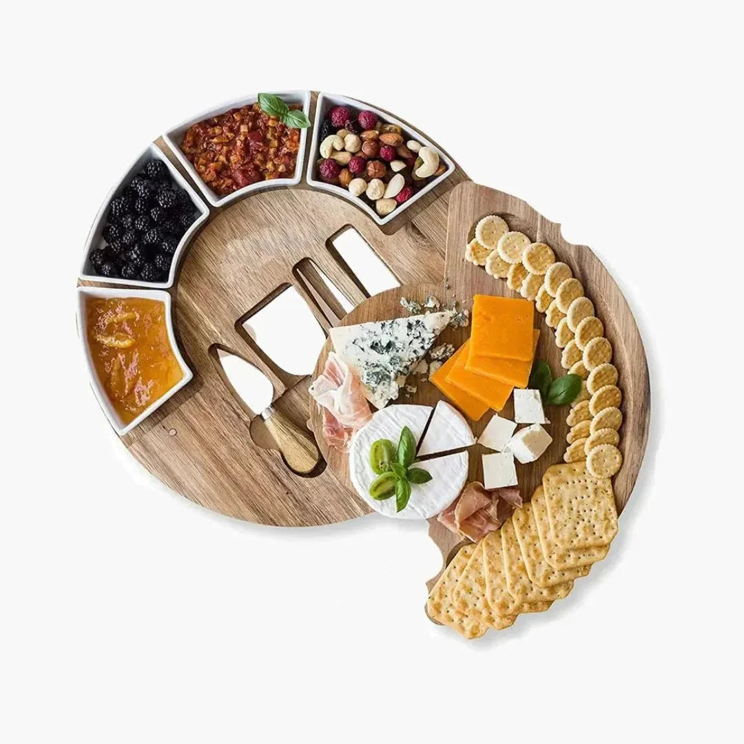 Cheese Board Set | Acacia Wood, Ceramic Bowls & Stainless Steel Knives | 4 Bowls & 4 Knives