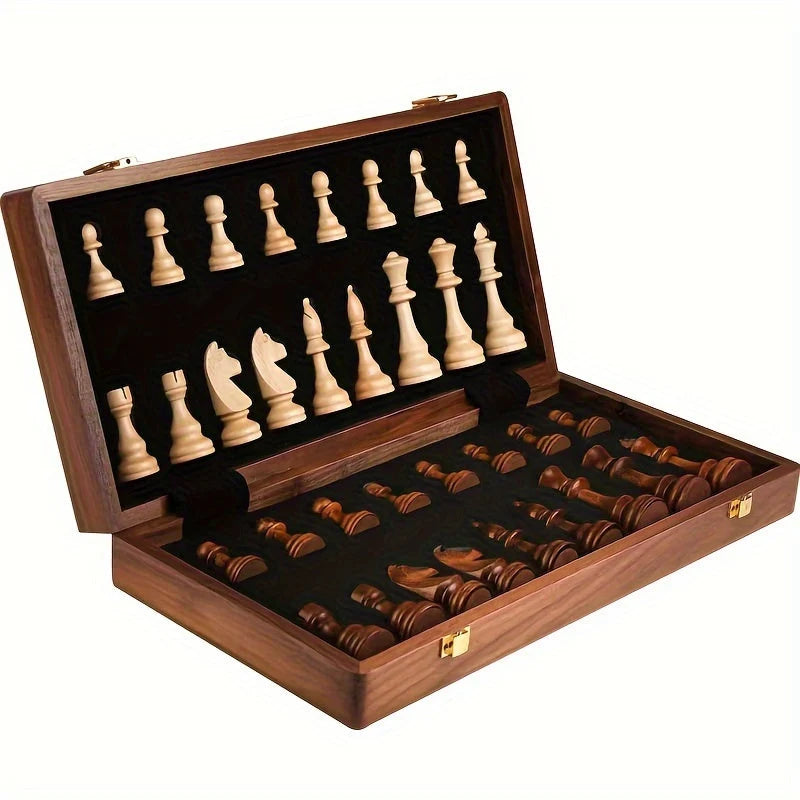Chess Set | Hand-Carved Weighted Pieces & Foldable Walnut Board