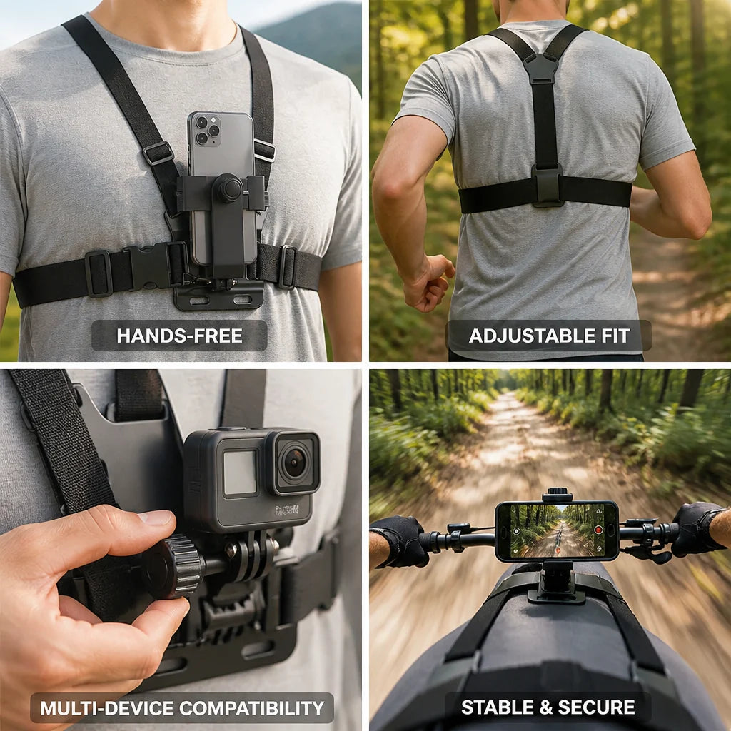 Chest Mount | Adjustable Anti-Slip Straps | For Smartphones & Action Cameras