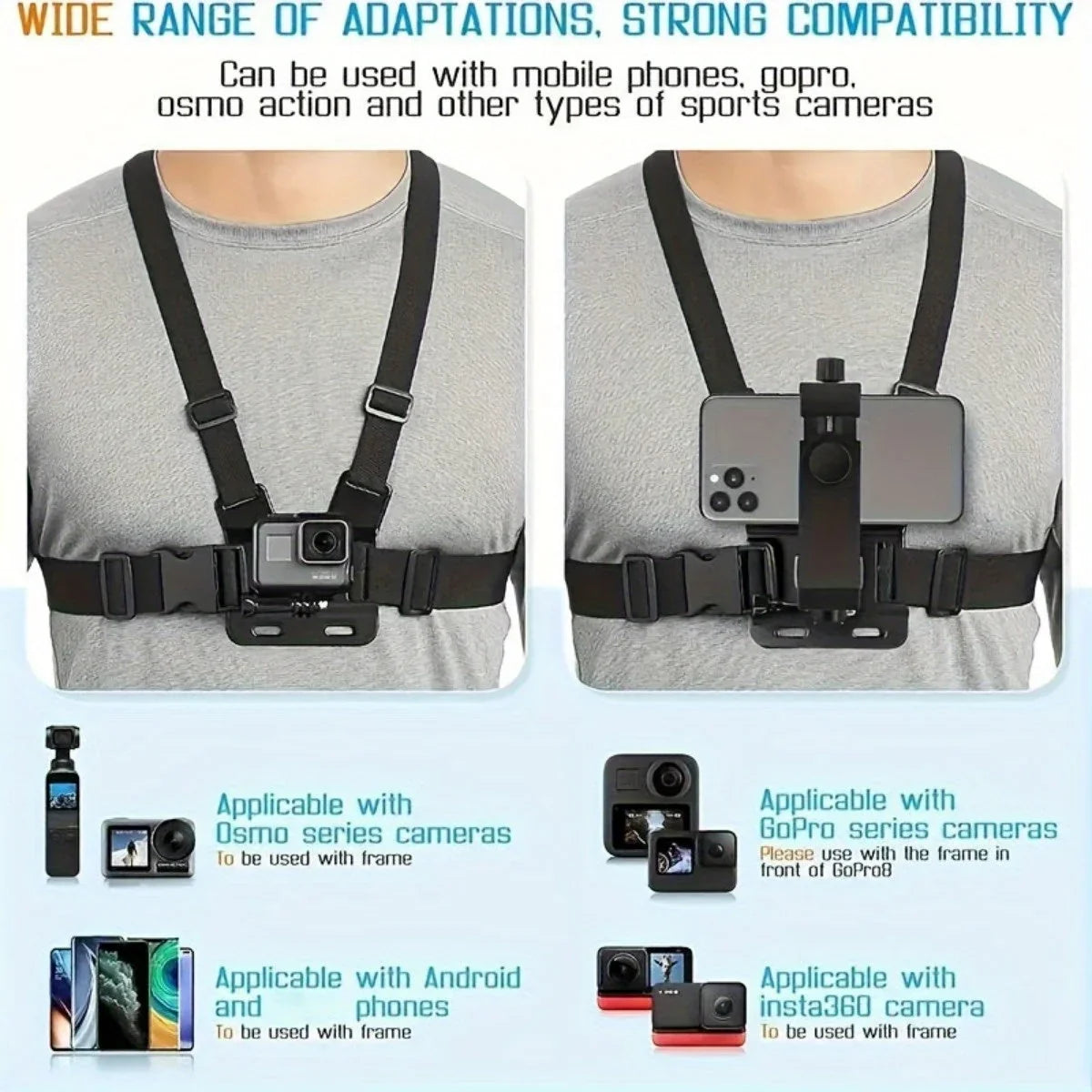 Chest Mount | Adjustable Anti-Slip Straps | For Smartphones & Action Cameras