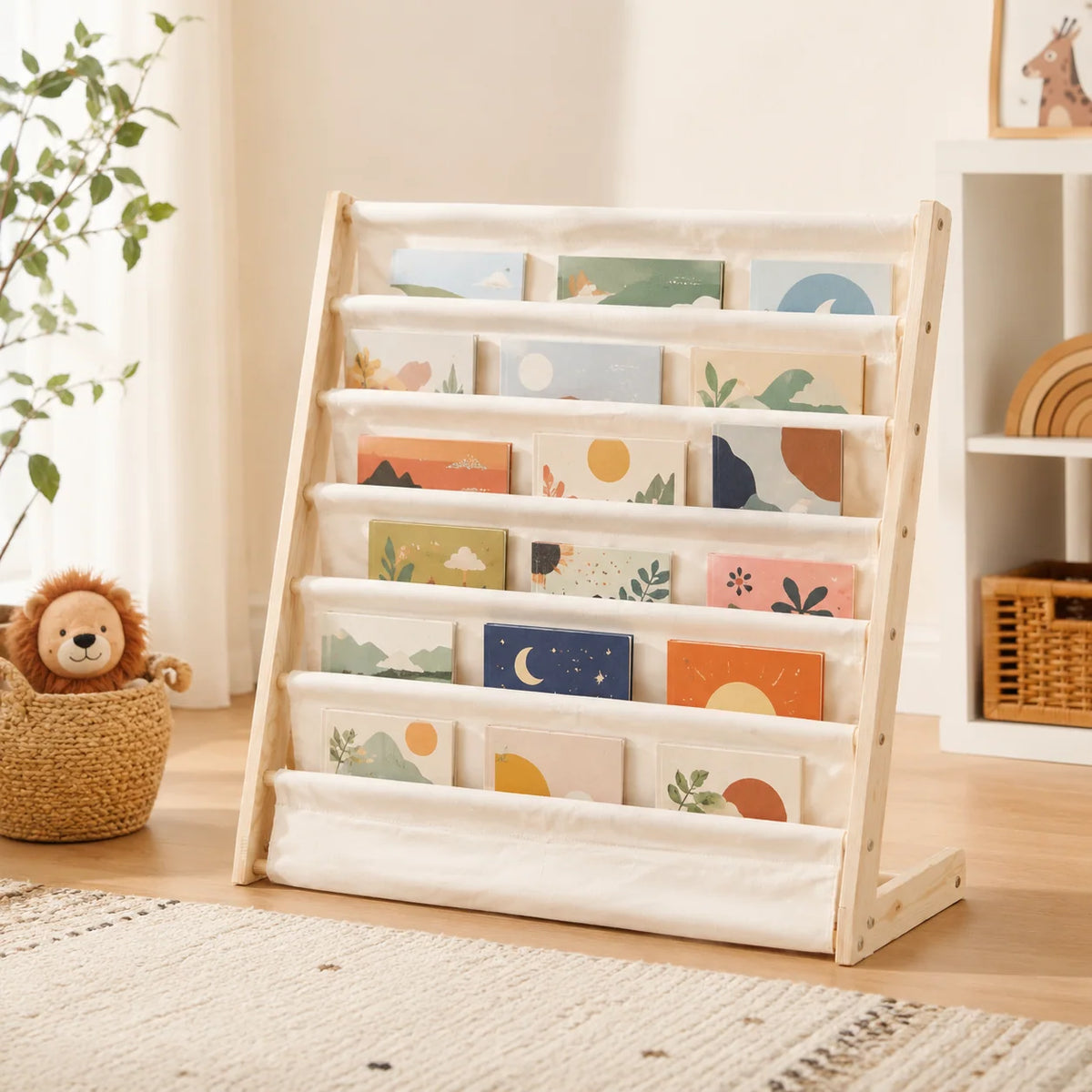 Children’s Bookshelf | 6-Tier Face-Out Canvas Sling | Bottom Storage Pocket
