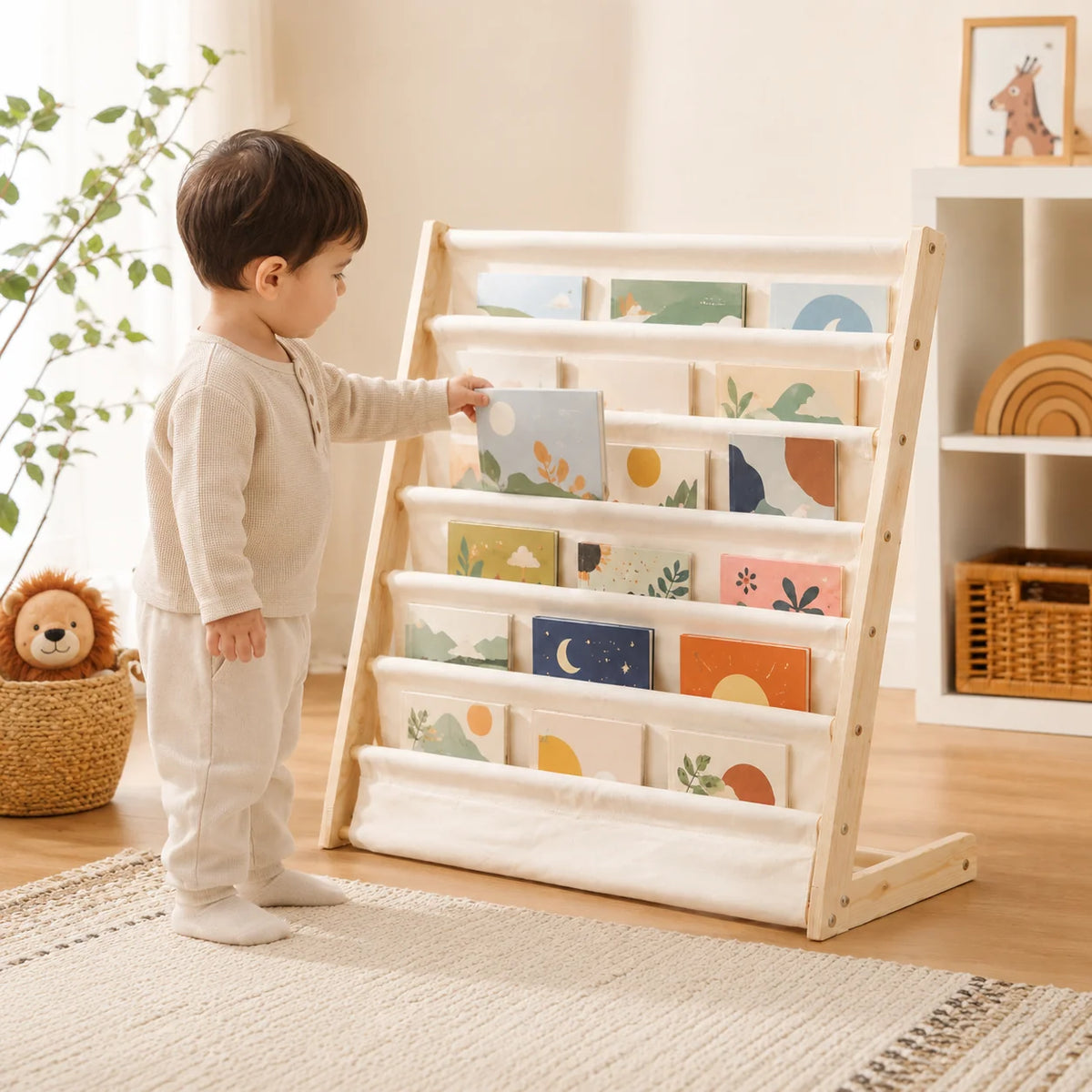Children’s Bookshelf | 6-Tier Face-Out Canvas Sling | Bottom Storage Pocket