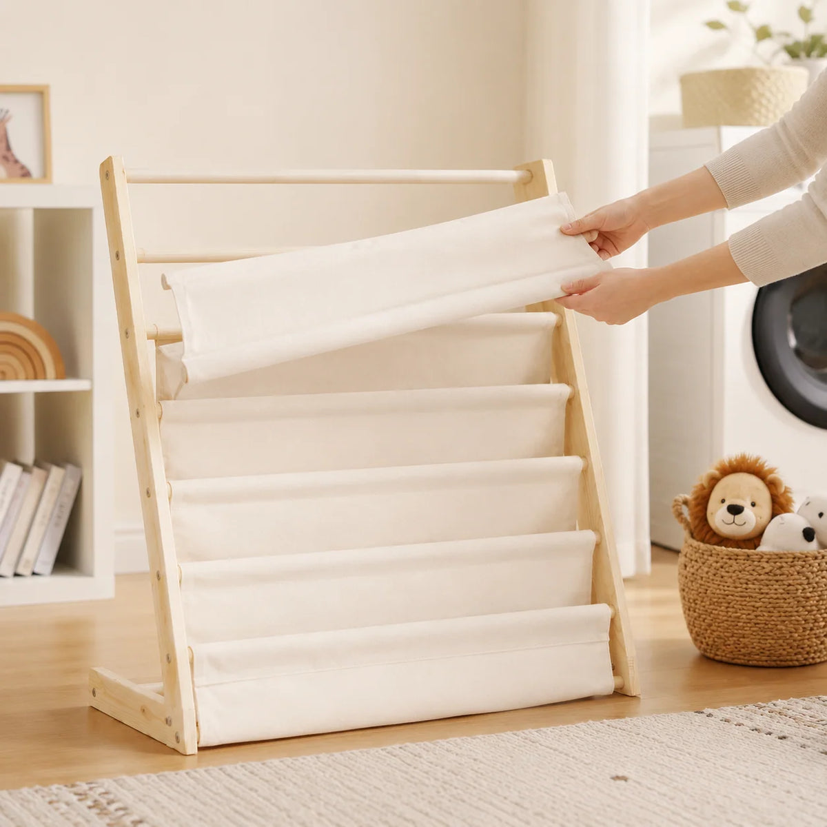 Children’s Bookshelf | 6-Tier Face-Out Canvas Sling | Bottom Storage Pocket