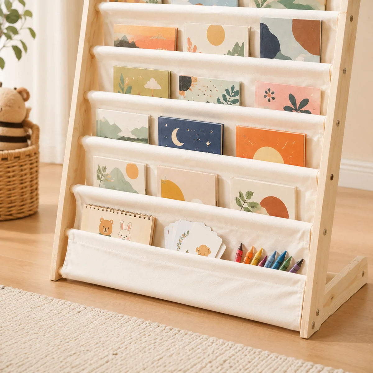 Children’s Bookshelf | 6-Tier Face-Out Canvas Sling | Bottom Storage Pocket