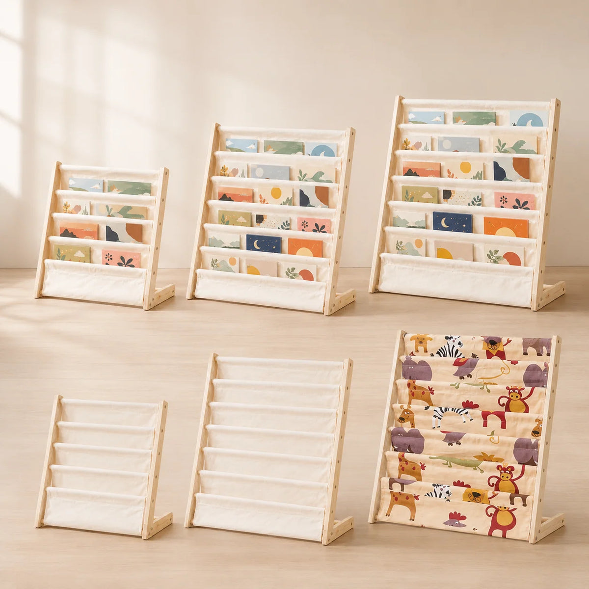 Children’s Bookshelf | 6-Tier Face-Out Canvas Sling | Bottom Storage Pocket