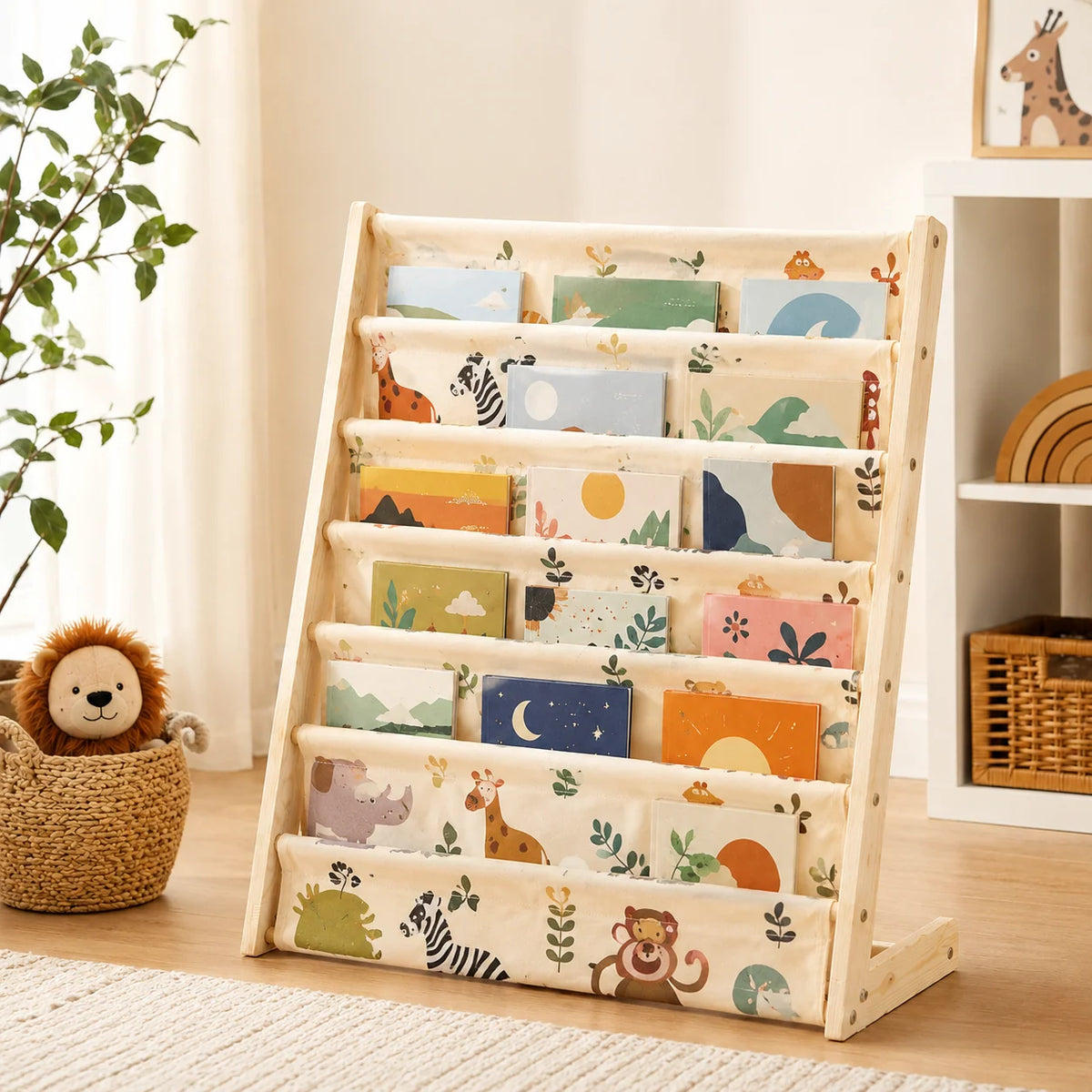 Children’s Bookshelf | 6-Tier Face-Out Canvas Sling | Bottom Storage Pocket