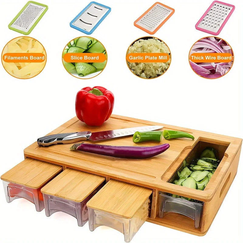 Chopping Board | Bamboo & 4 Pull-Out Trays | 4 Interchangeable Blades