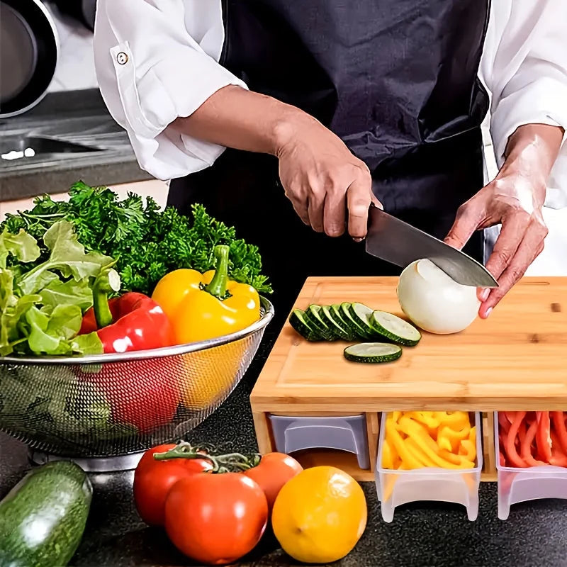 Chopping Board | Bamboo & 4 Pull-Out Trays | 4 Interchangeable Blades