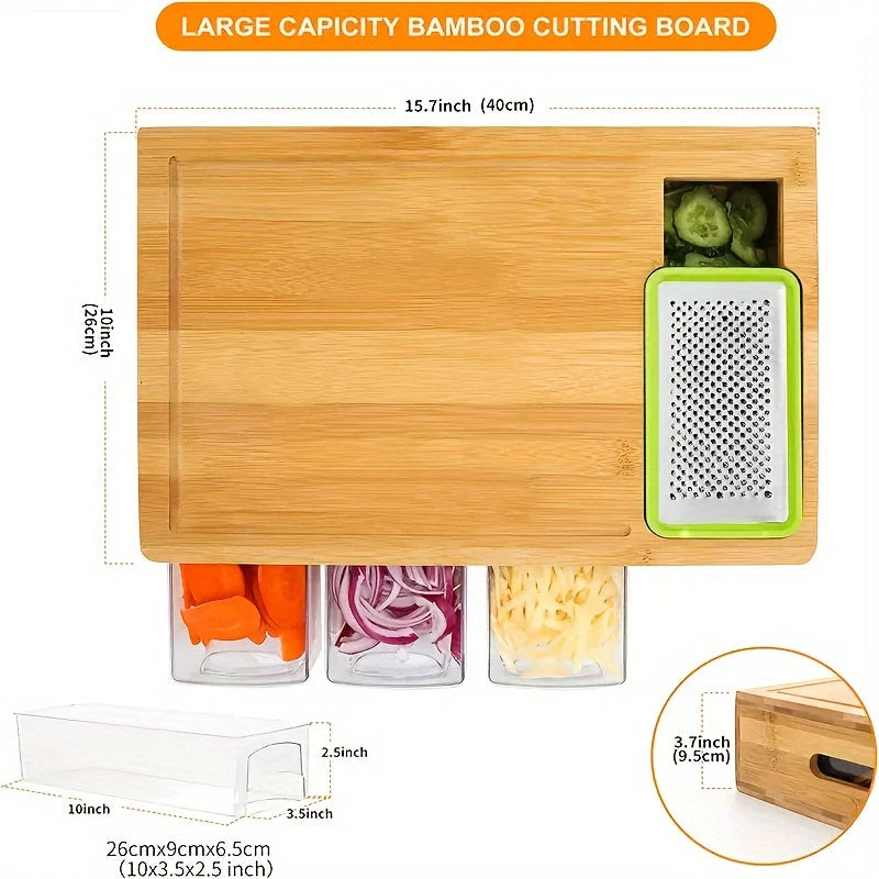 Chopping Board | Bamboo & 4 Pull-Out Trays | 4 Interchangeable Blades